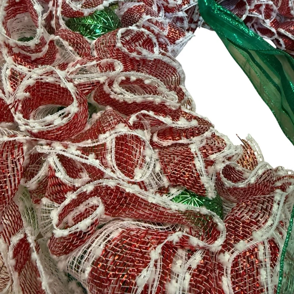 Handmade Red & White Swirl Deco Mesh Wreath Green Bow Accent 24